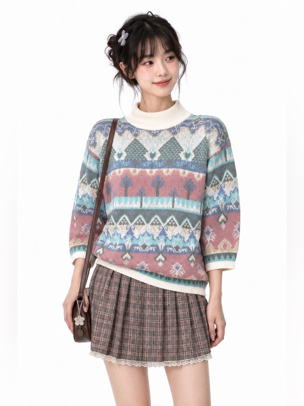 Vintage Cottagecore Kitschy Fair Isle Sweater Mock Neck Pastel Twee Coquette
